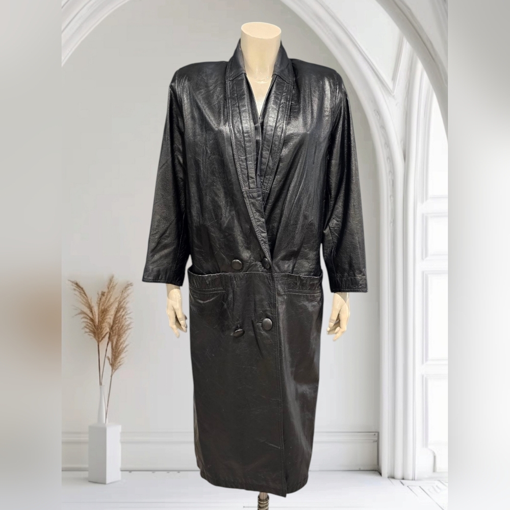 Vtg 80s DONNA PELLE Women Black Leather Long Trench Coat S